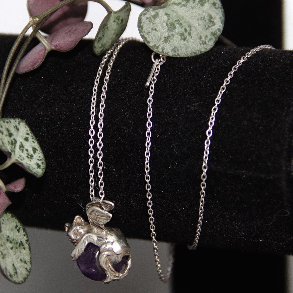 ASPCA Sterling Silver Winged Cat Amethyst Pendant Necklace 925 18 Inch Chain